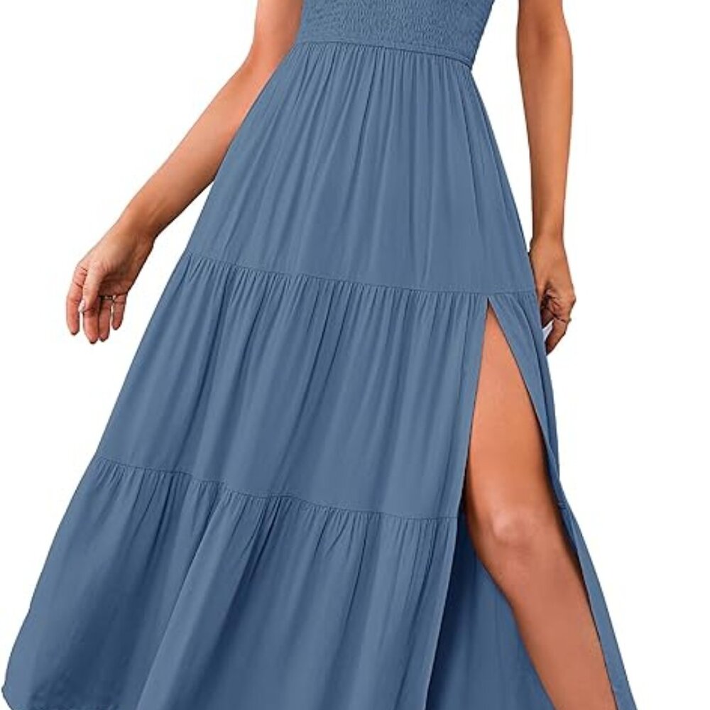 Women's Summer One Shoulder Sleeveless Knot Smocked Midi Dress Split Tiered Flow - Picture 2 of 6
